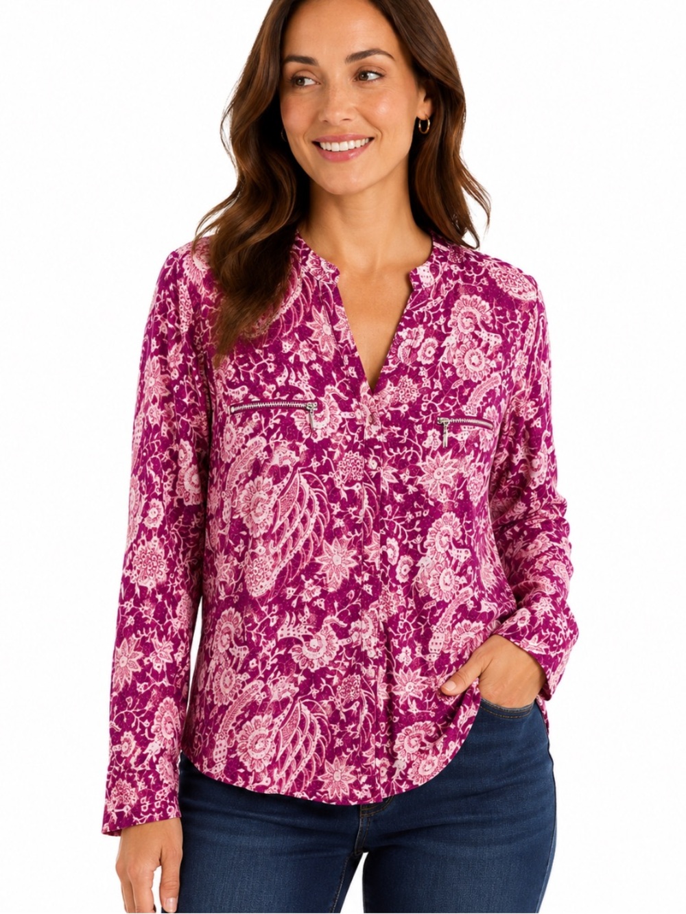 INC International Concepts  Pink and White Paisley Floral Zip-Pocket Blouse NWOT
